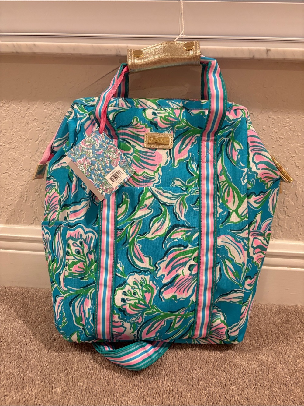 Lilly Pulitzer Blue Pink Green Floral Tote with Gold Logo Plate